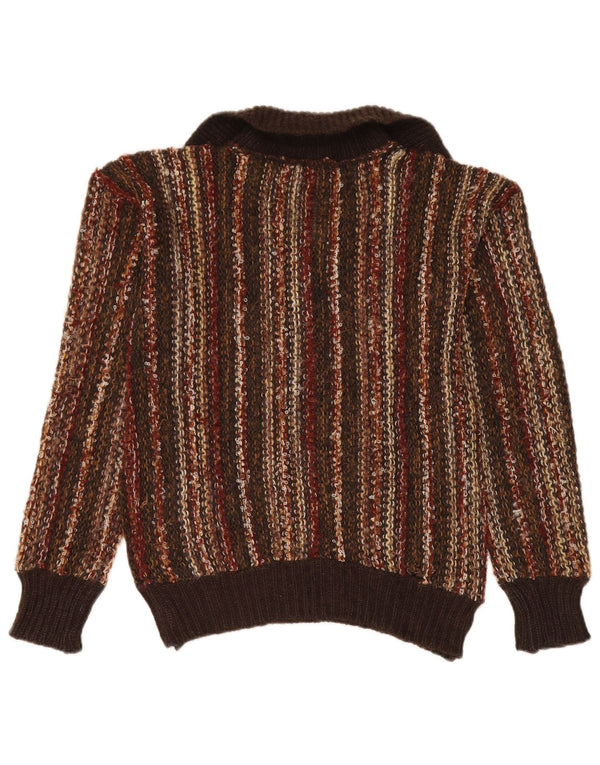 Maglione vintage da donna con collo a polo UK 14 Acrilico a strisce marrone medio