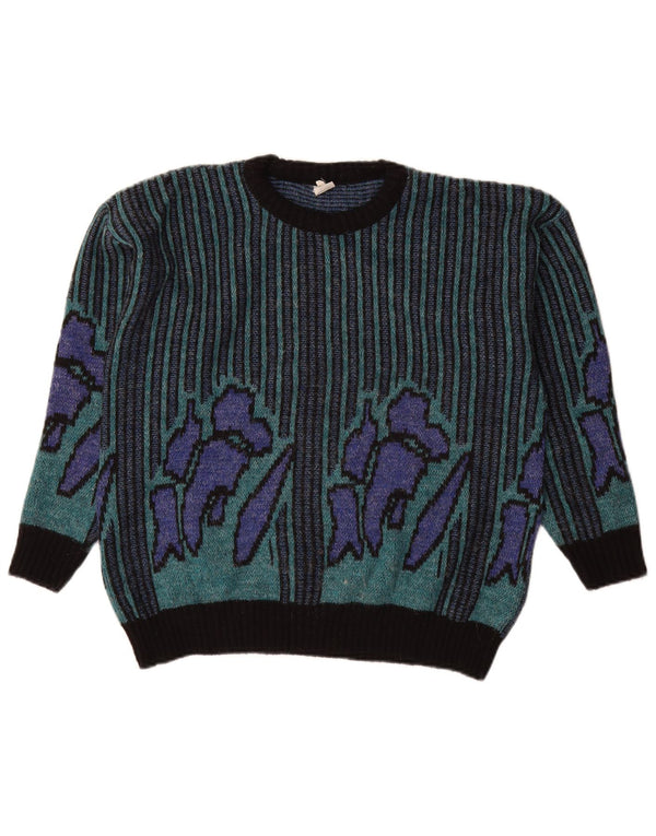 Maglione maglione vintage da donna con scollo a barca UK 14 verde medio a righe