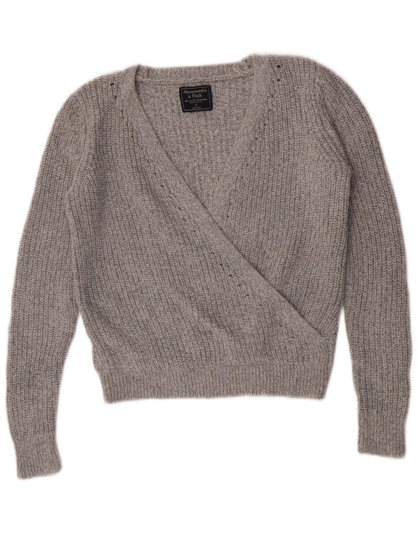 Maglione corto con scollo a V da donna Abercrombie & Fitch UK 10 piccolo grigio