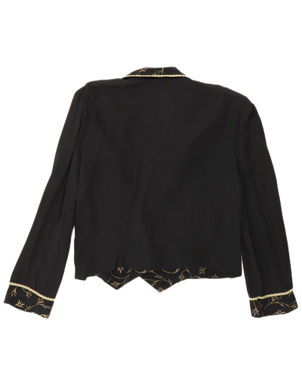 Giacca blazer doppiopetto vintage da donna corta UK 12 medio nero floreale