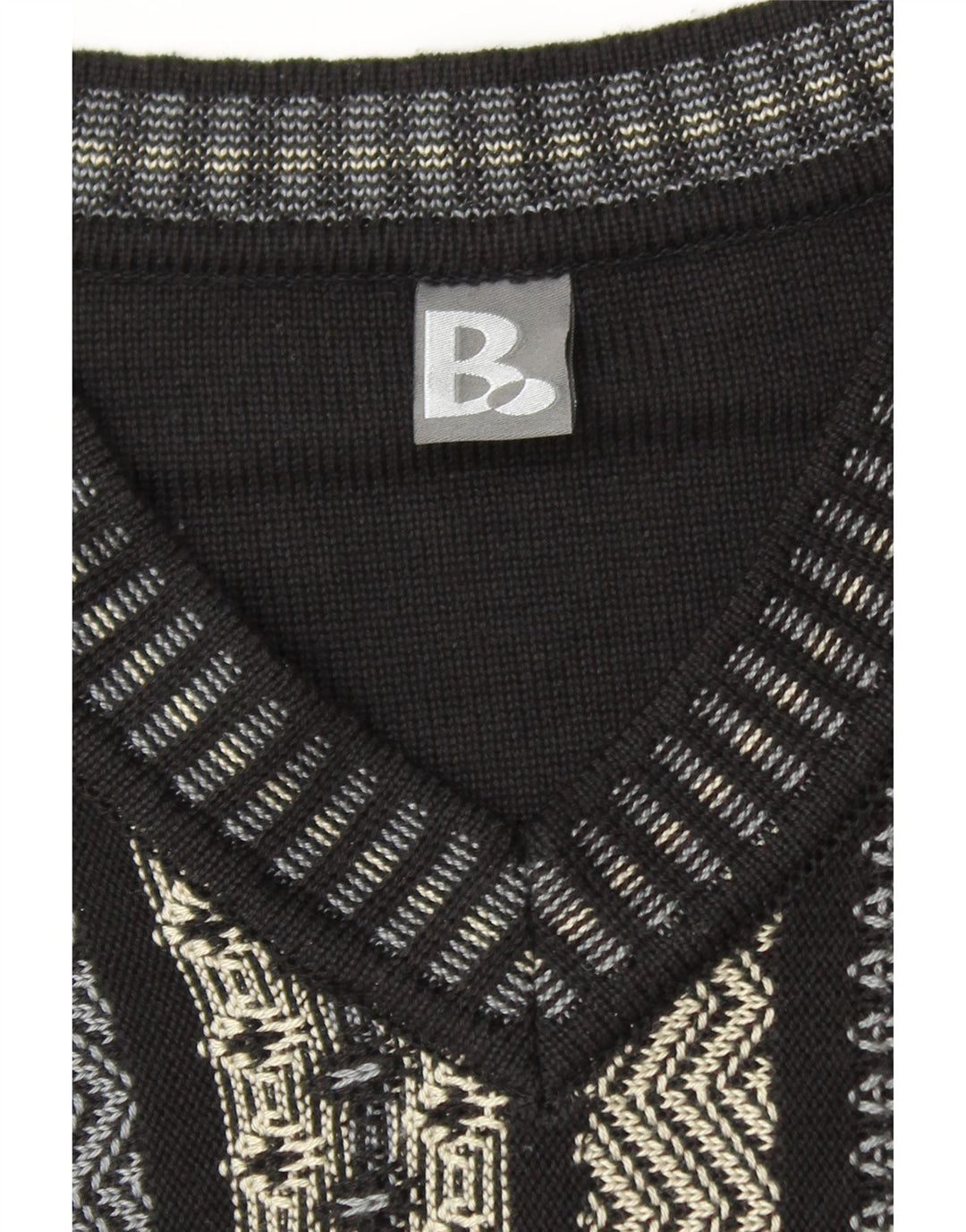 VINTAGE Mens V-Neck Jumper Sweater Medium Black Geometric Vintage Vintage and Second-Hand Vintage from Messina Hembry 