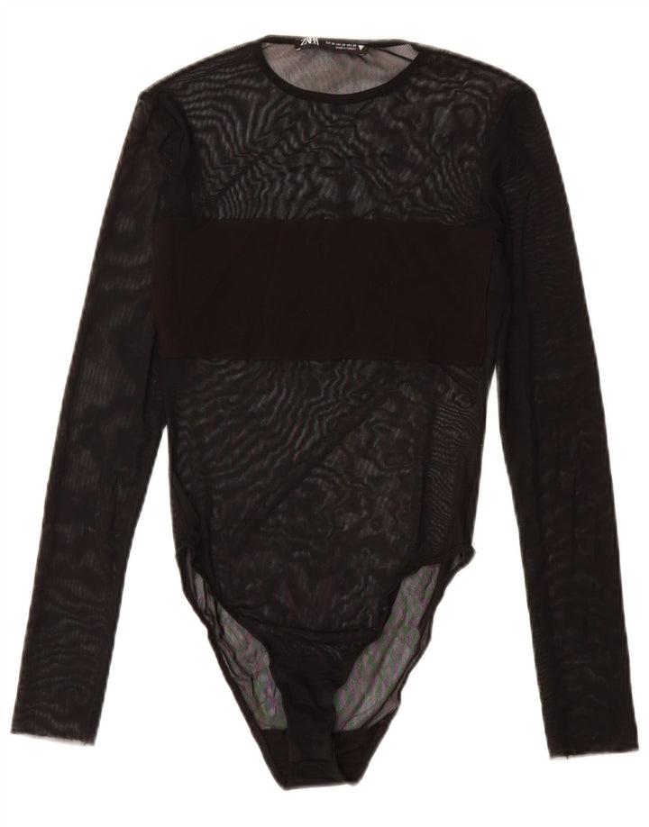 ZARA Womens See Through Long Sleeve Bodysuit UK 4 XS Black