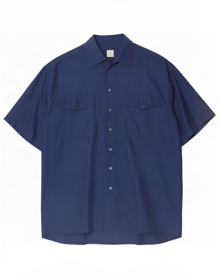 Camicia vintage da uomo a maniche corte in seta blu navy media