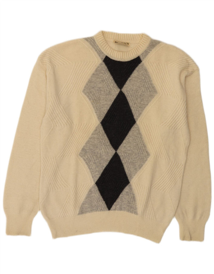Maglione girocollo da uomo vintage IT 50 medio bianco sporco a rombi/diamante