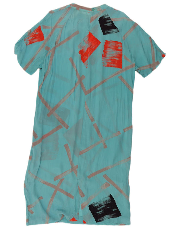 Abito lungo da donna vintage a maniche corte UK 18 XL Turchese geometrico