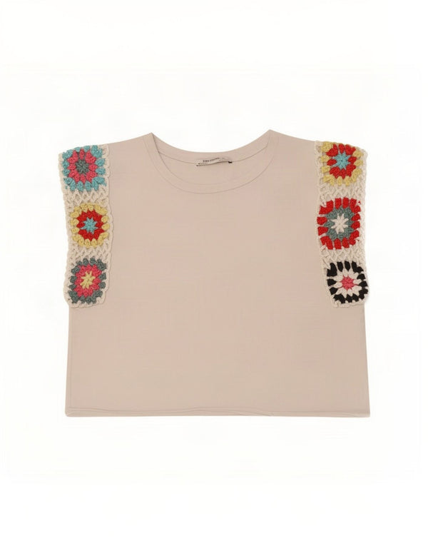 Canotta corta Zara Trafaluc da donna UK 10 piccola bianca floreale