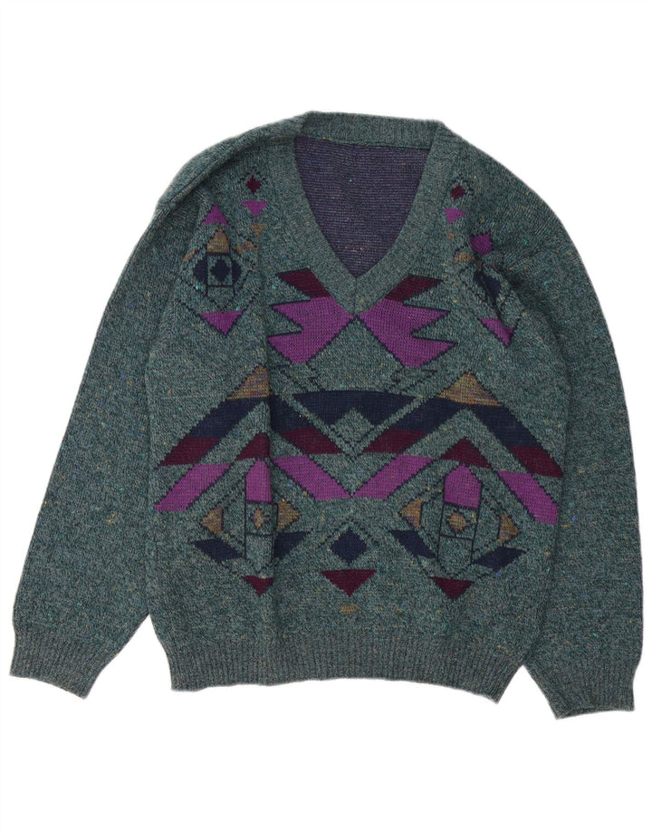 Maglione vintage da uomo con scollo a V, grande verde geometrico
