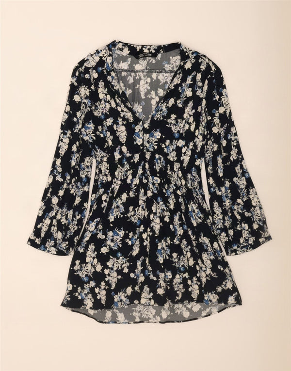 Abito a trapezio oversize a maniche lunghe da donna Zara UK 10 piccolo floreale blu navy
