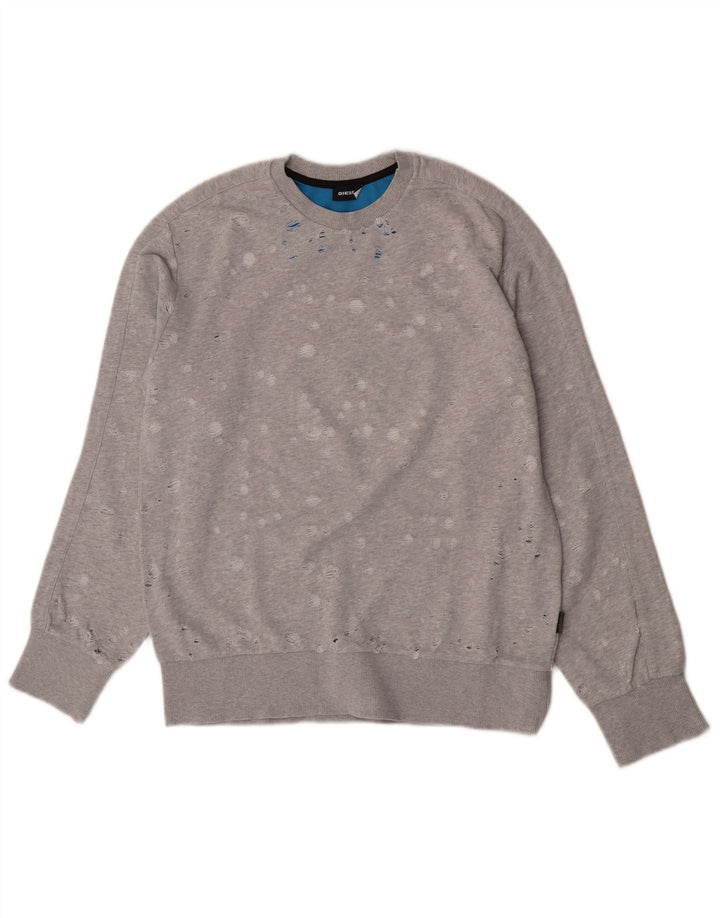 Felpa da donna Diesel effetto invecchiato maglione UK 14 grande cotone grigio