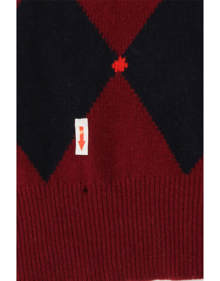 Maglione vintage da uomo con scollo a V, lana d'agnello media bordeaux a rombi/diamanti