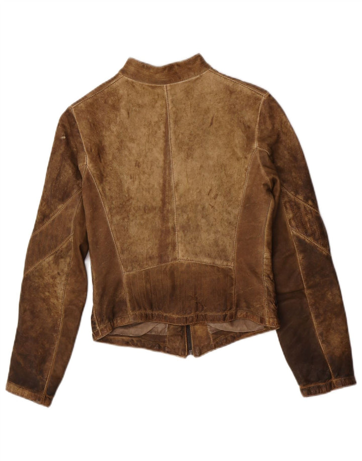 Giacca in pelle corta da donna vintage UK 10 piccola pelle beige