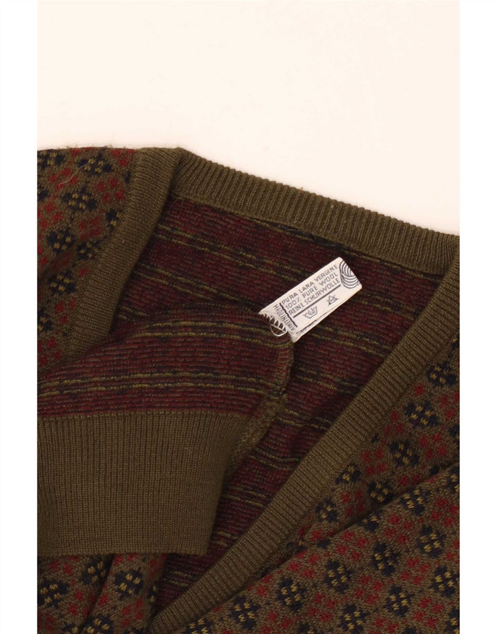 Maglione vintage da uomo con scollo a V, grande lana geometrica kaki