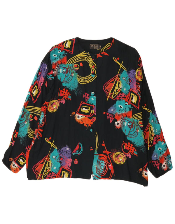 Camicetta camicia vintage da donna con motivo astratto rilassato UK 18 XL nera retrò
