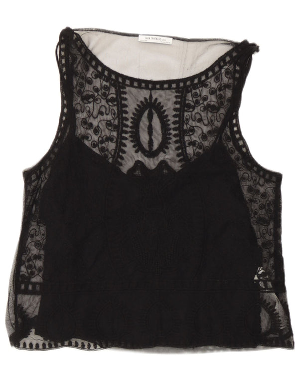 Top Zara Trafaluc senza maniche da donna, camicetta senza maniche UK 14 grande nero floreale