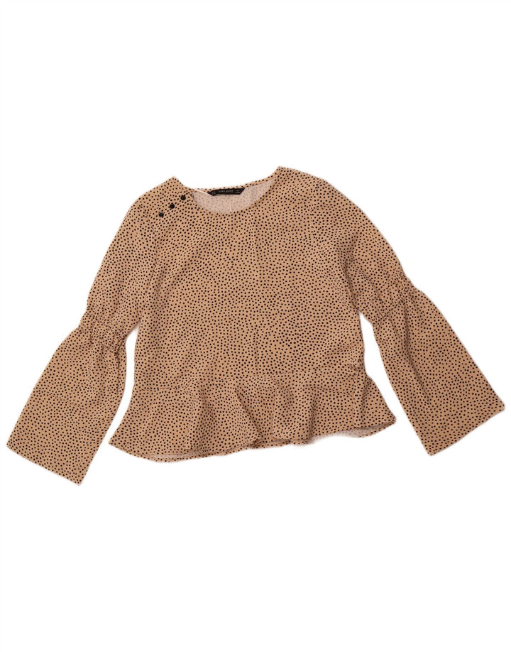 ZARA Camicetta a Maniche Lunghe da Donna UK 10 Piccola Poliestere Maculato Beige