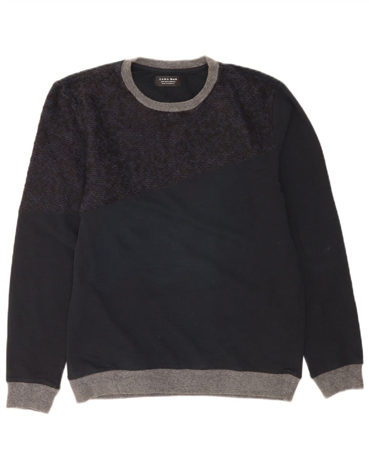 Maglione maglione girocollo da uomo Zara piccolo color block blu navy