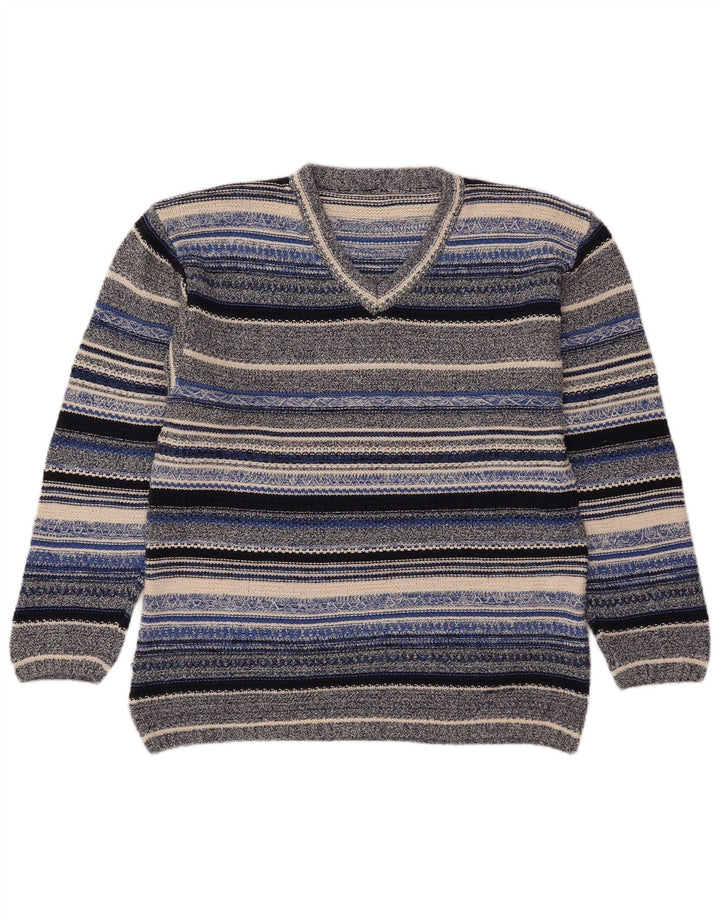 Maglione vintage da donna con scollo a V UK 14 a righe multicolori medie