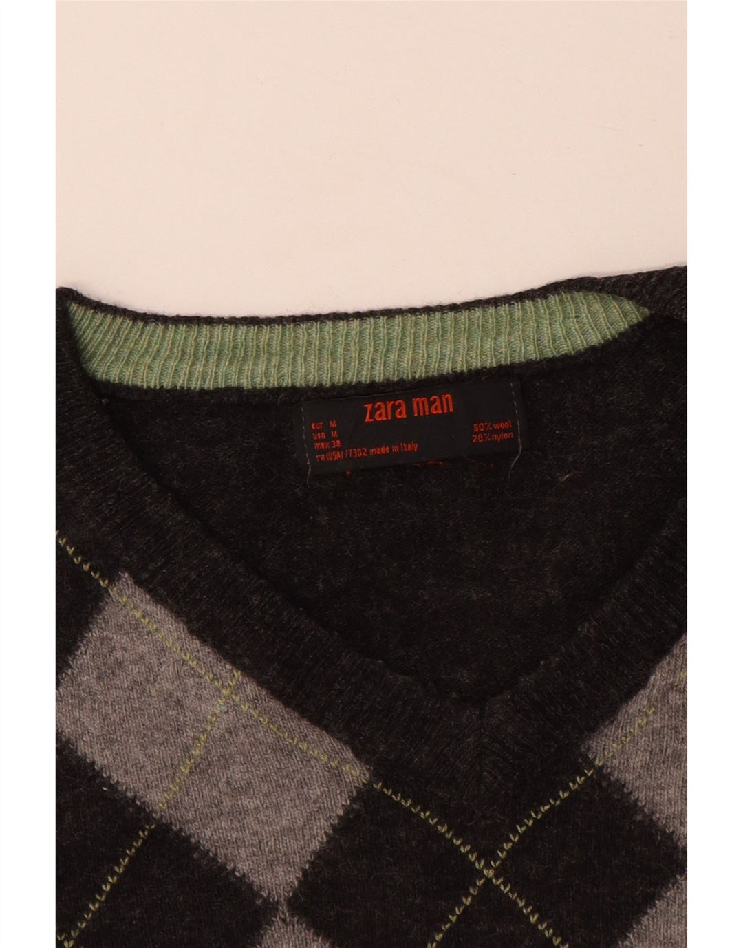 ZARA Maglione da Uomo con Scollo a V Grigio Medio Lana Argyle/Diamante