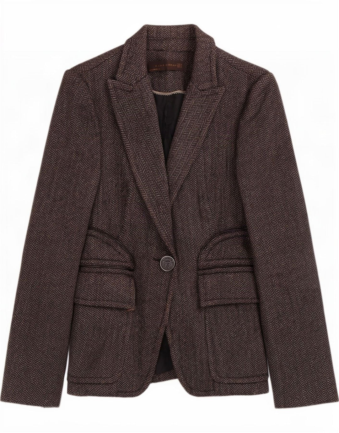 Giacca blazer a 1 bottone da donna Zara UK 8 piccola poliestere grigio a spina di pesce