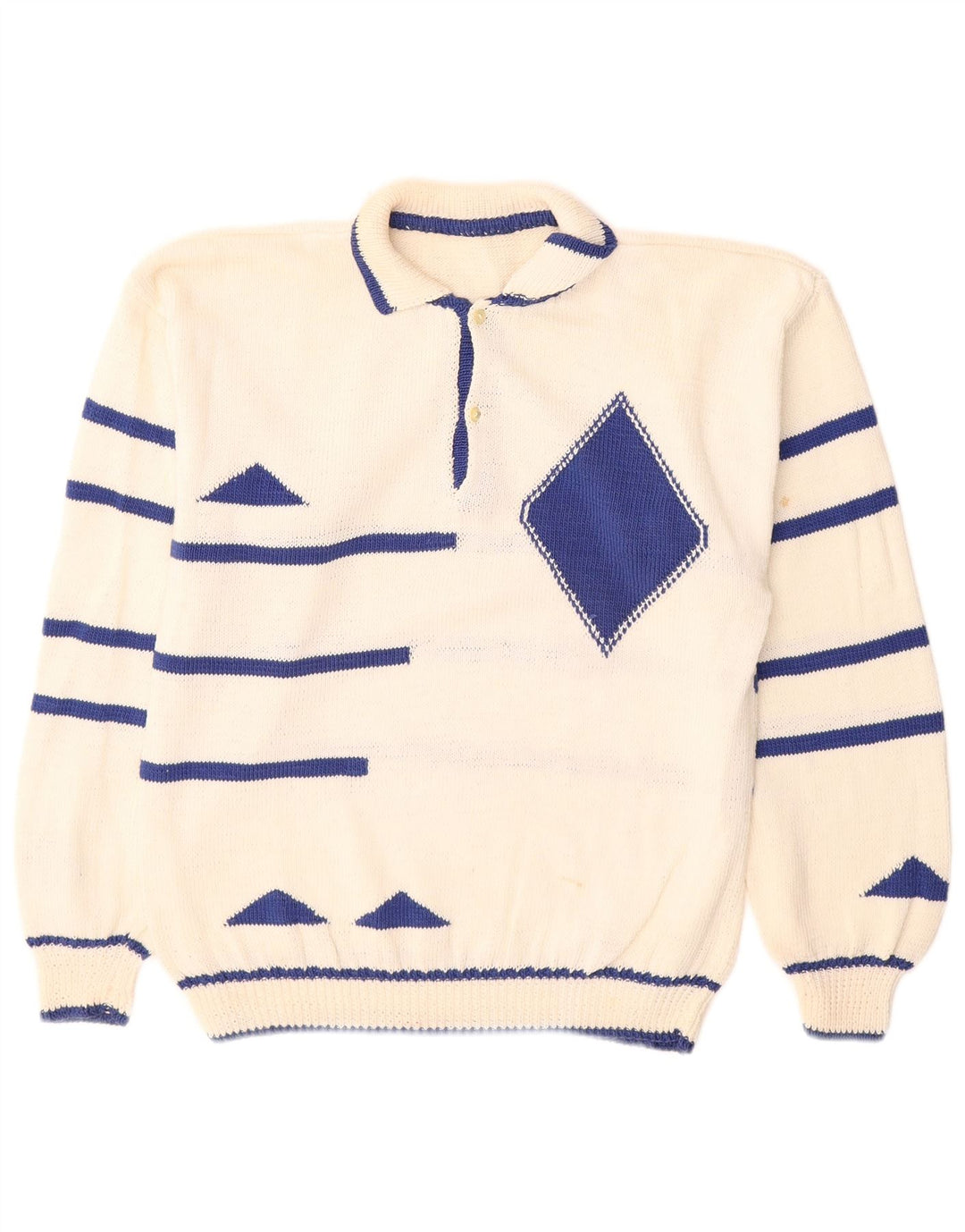 Maglione vintage da uomo con collo a polo bianco medio geometrico