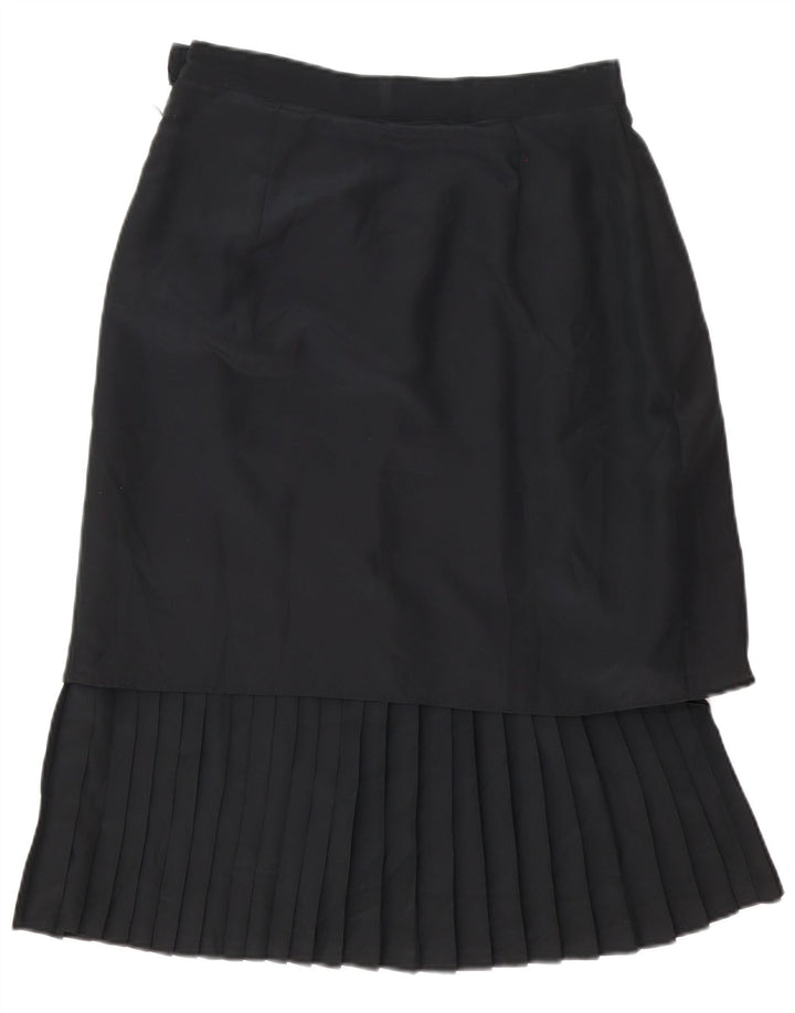Gonna longuette a pieghe da donna vintage UK 14 media W30 poliestere nero