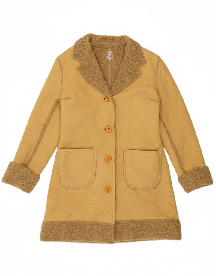 VINTAGE Womens Sherpa Overcoat UK 14 Medium Beige Polyester
