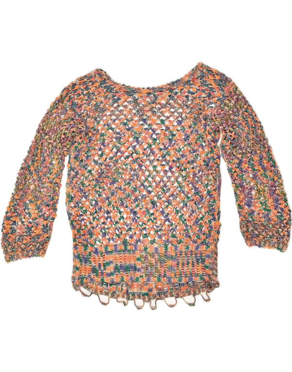 Maglione da donna VINTAGE all'uncinetto con scollo a barca UK 8 piccolo multicolore