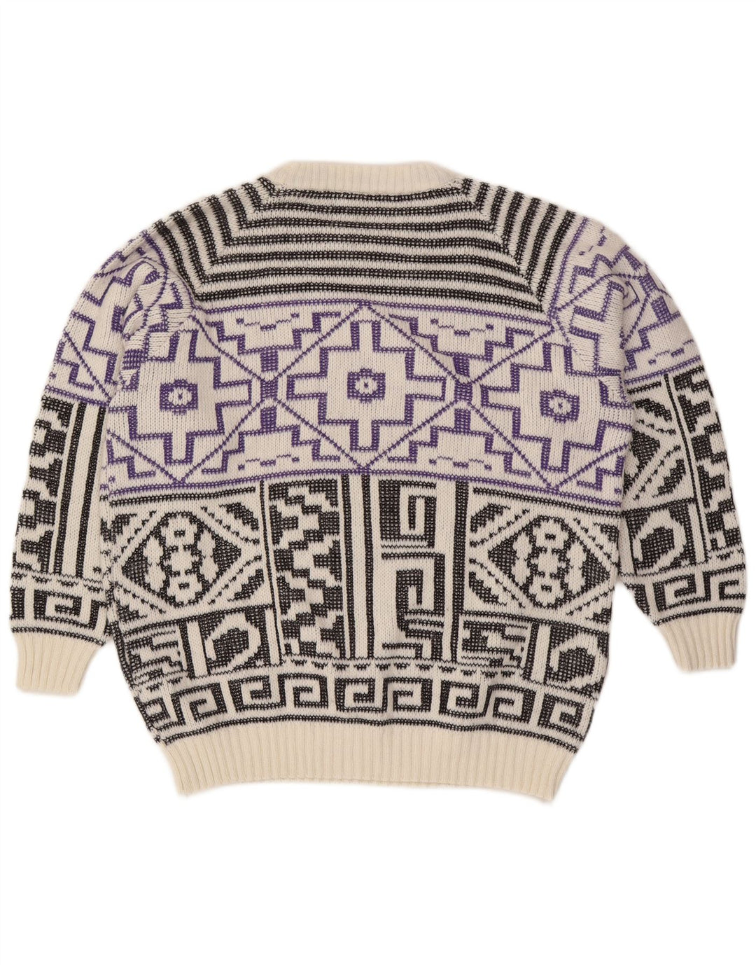 Maglione girocollo da uomo vintage in lana geometrica bianca grande