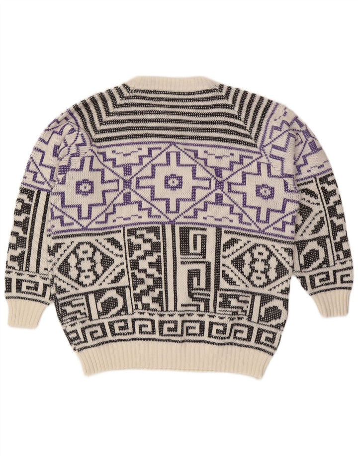 Maglione girocollo da uomo vintage in lana geometrica bianca grande