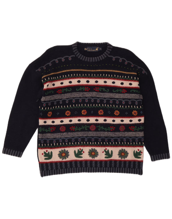 TULCHAN Maglione maglione girocollo da donna UK 18 XL Lana Fair Isle blu navy