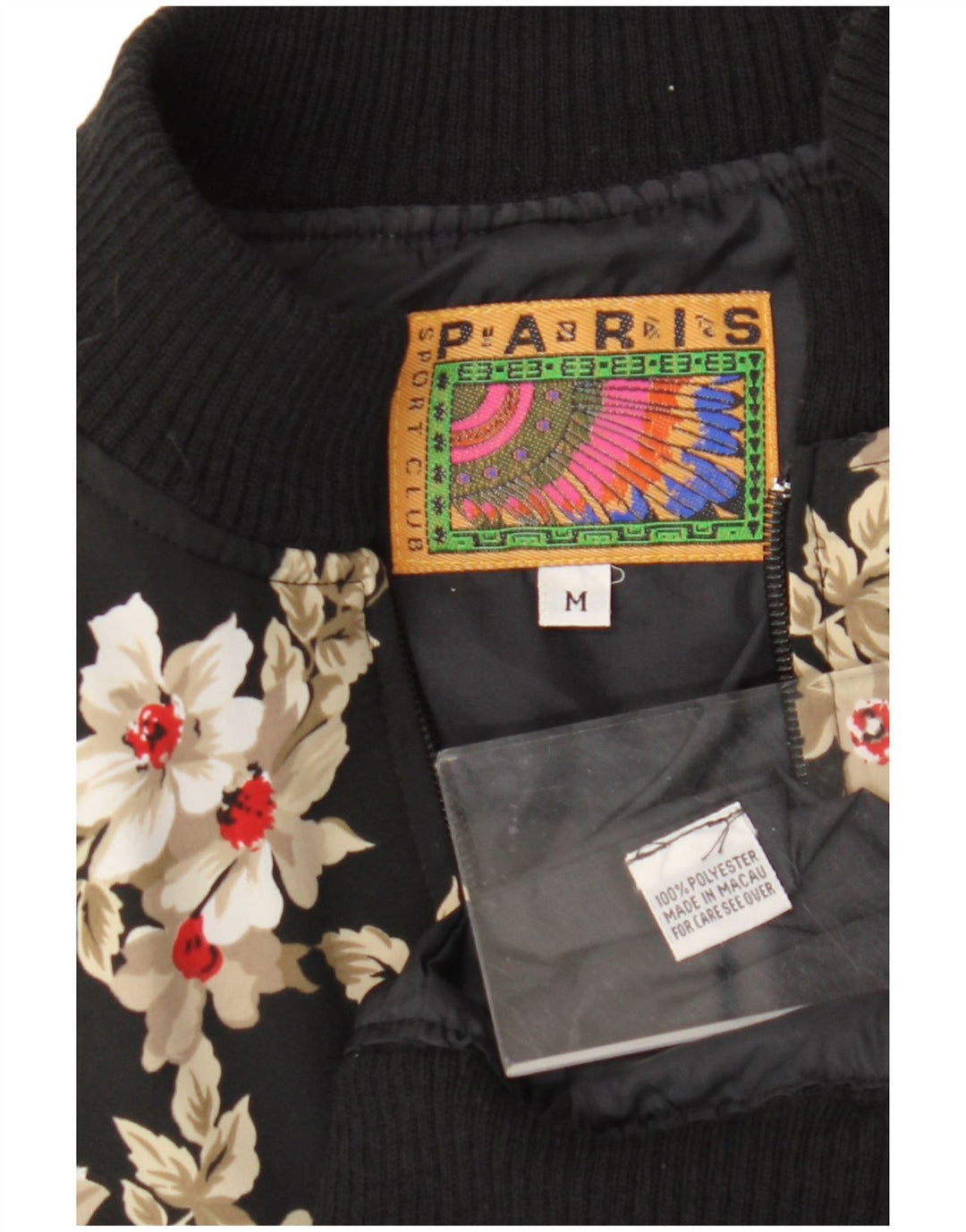 Giubbotto bomber vintage da donna vestibilità ampia UK 14 poliestere floreale nero medio