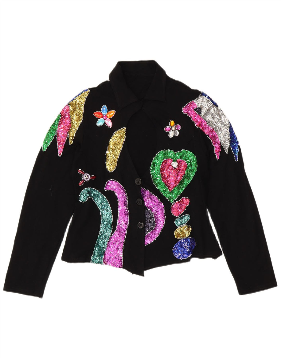 Camicetta corta da donna VINTAGE UK 12 Spandex floreale nero medio