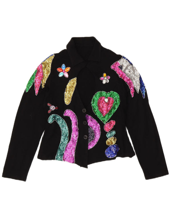 Camicetta corta da donna VINTAGE UK 12 Spandex floreale nero medio