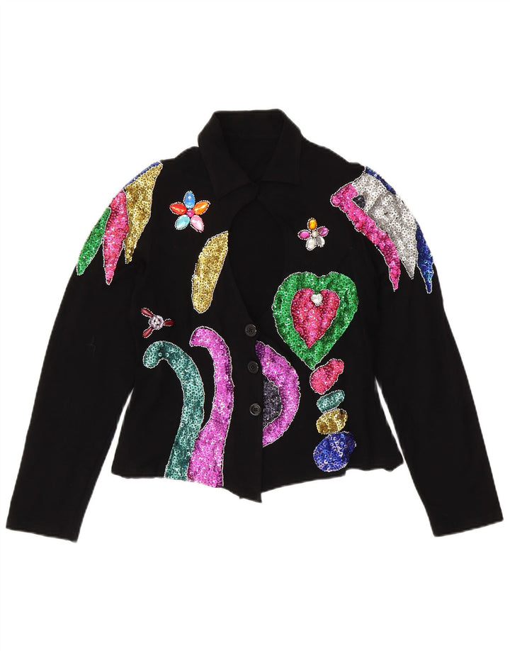 Camicetta corta da donna VINTAGE UK 12 Spandex floreale nero medio