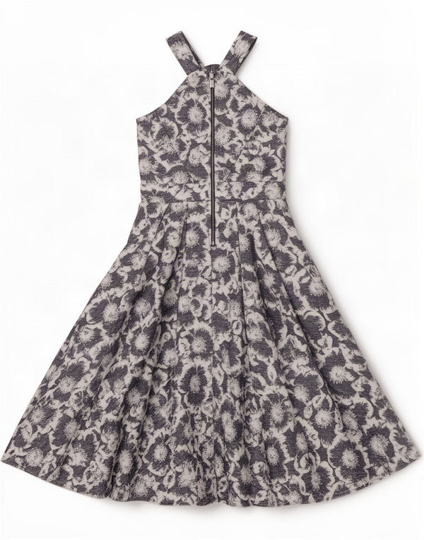 Abito scampanato da donna Karen Millen UK 10 piccolo in viscosa floreale blu navy