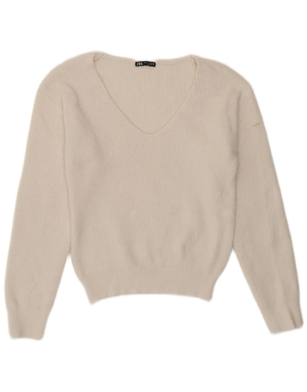 Maglione Zara da donna con scollo a V UK 10 piccolo poliestere bianco