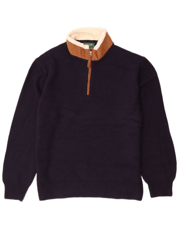 ORVIS Maglione da uomo con zip e collo, grande, in lana d'agnello color block blu navy