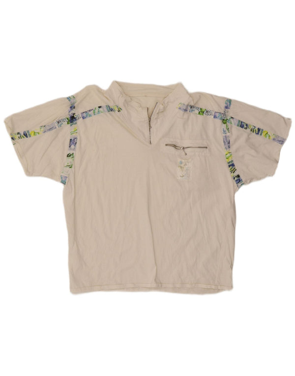T-shirt grafica da uomo vintage con collo e zip IT 54 XL in cotone bianco