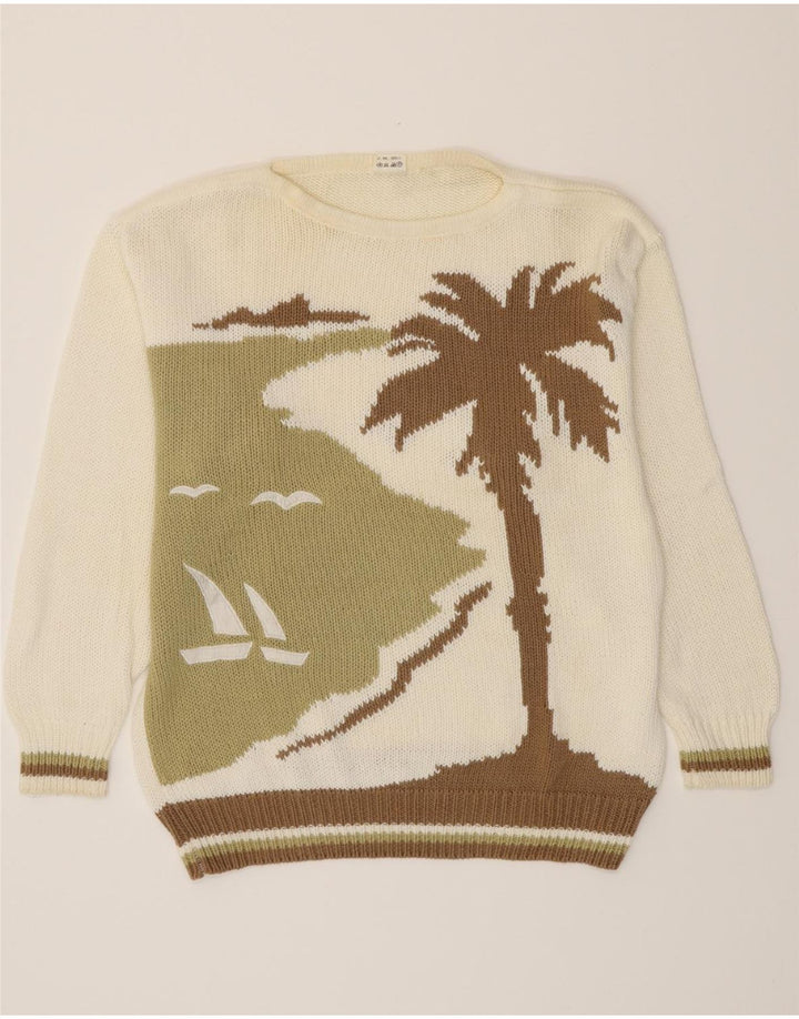 VINTAGE Womens Graphic Boat Neck Jumper Sweater EU 40/42 Medium Off White Vintage Vintage and Second-Hand Vintage from Messina Hembry 