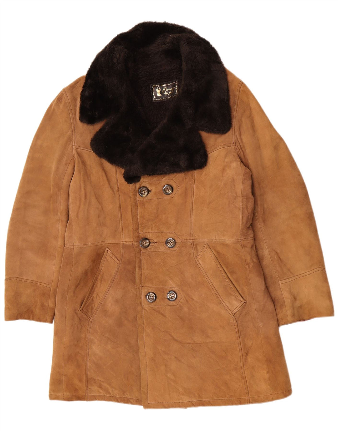 Cappotto doppiopetto in shearling vintage da uomo UK 36 piccolo in pelle marrone