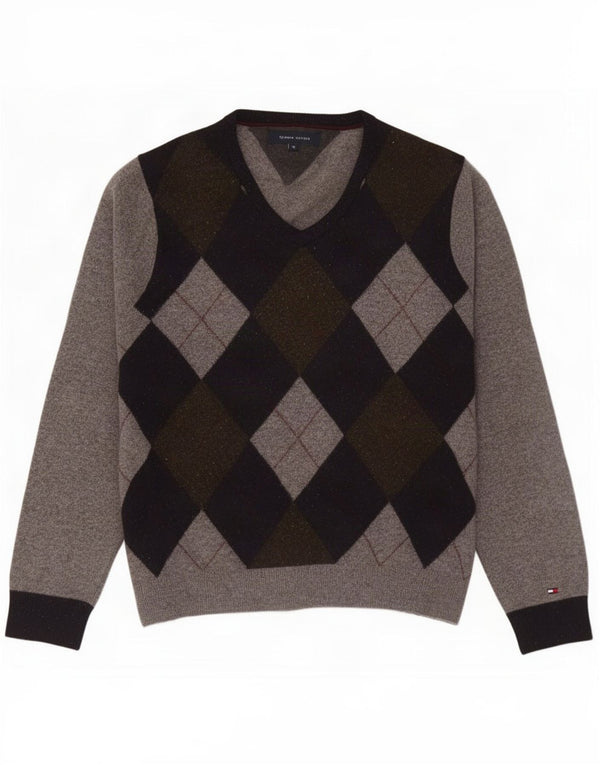 Tommy Hilfiger Uomo Maglione con scollo a V Maglione XL Grigio Argyle/Diamond Lambswool