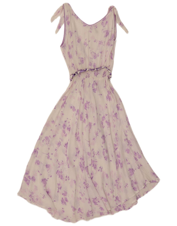 Abito lungo trasparente da donna vintage senza maniche UK 12 floreale bianco medio
