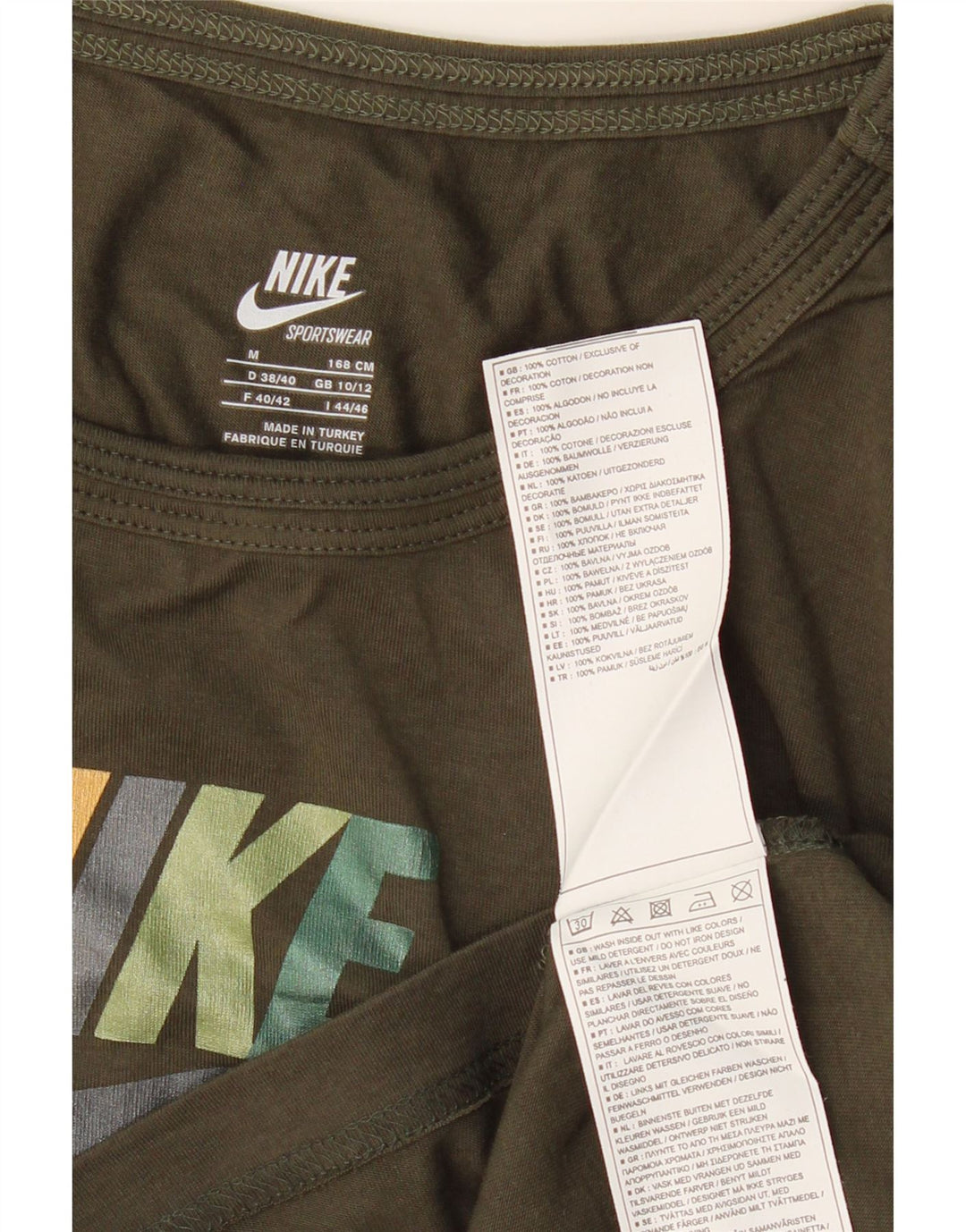 Top grafico da donna Nike manica lunga UK 10/12 cotone kaki medio