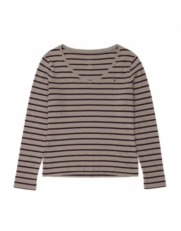 Tommy Hilfiger Donna Top Manica Lunga UK 14 Grande Cotone a Righe Grigie