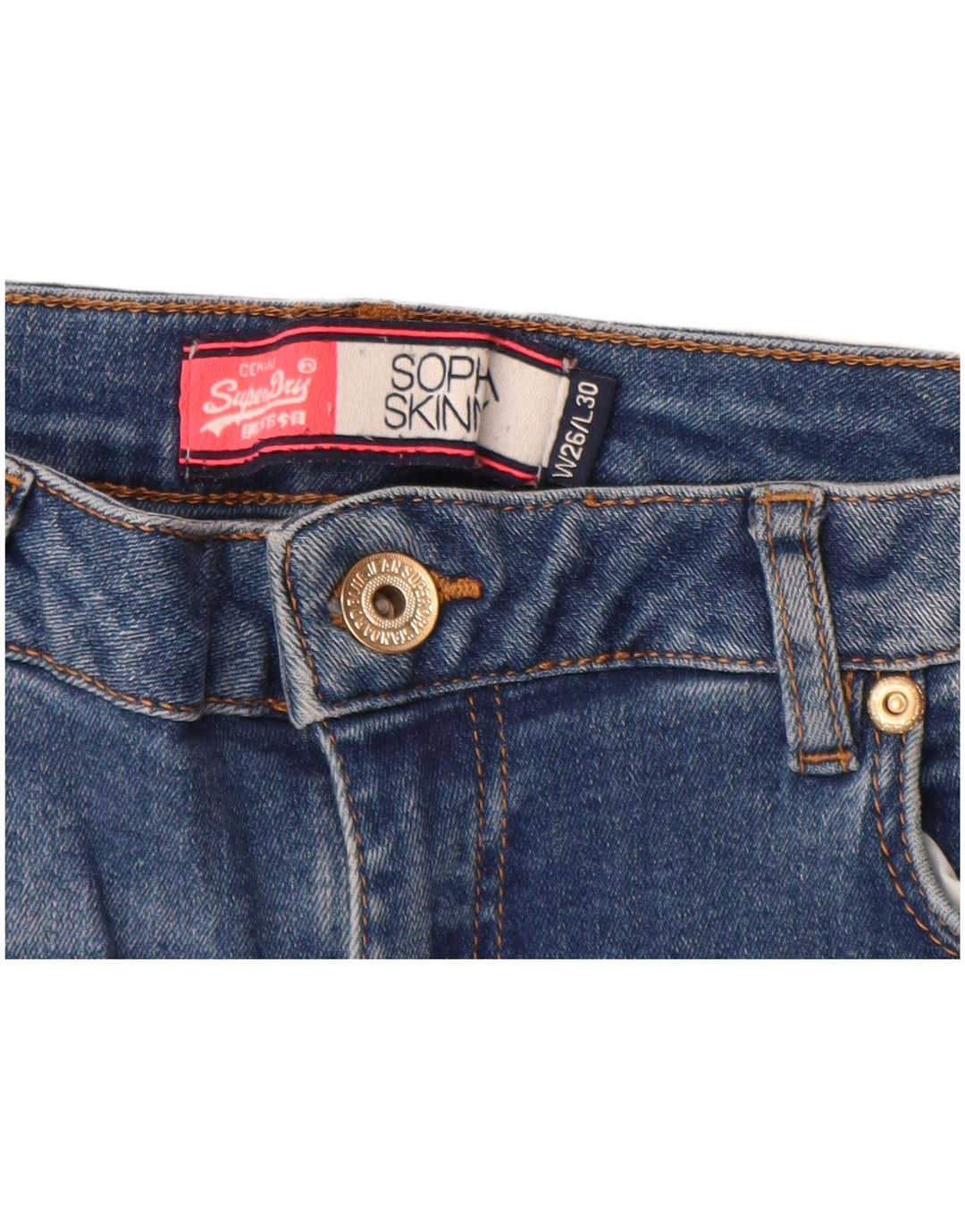 Jeans skinny effetto invecchiato con grafica Sophia da donna SUPERDRY W26 L28 cotone blu