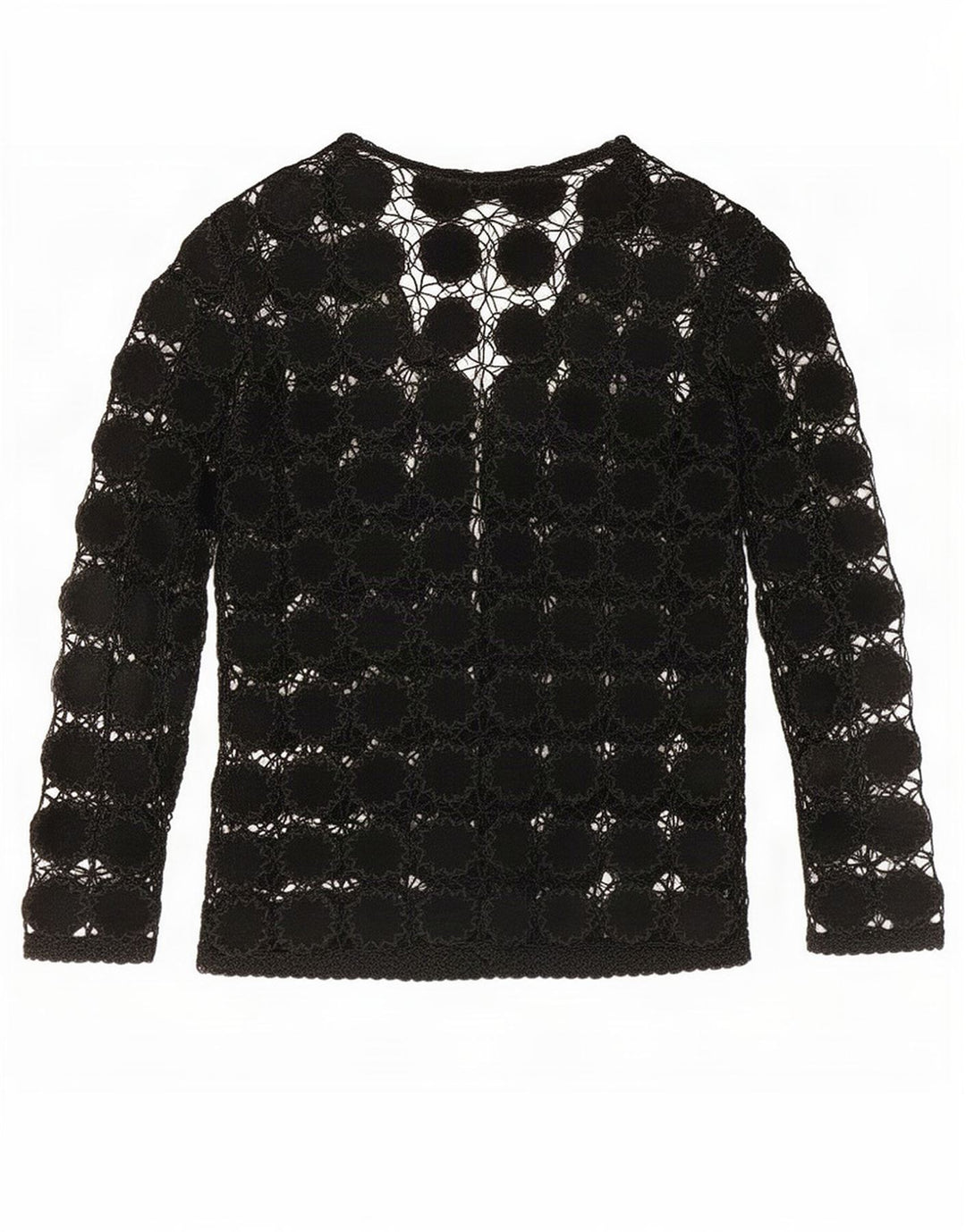Top cardigan all'uncinetto trasparente da donna vintage UK 14 medio nero