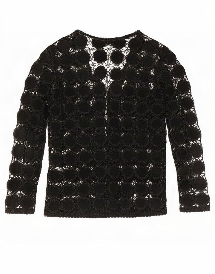 Top cardigan all'uncinetto trasparente da donna vintage UK 14 medio nero
