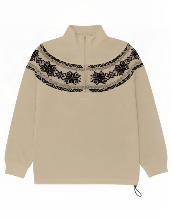 Maglione in pile da uomo vintage con zip e collo in poliestere Fair Isle beige medio