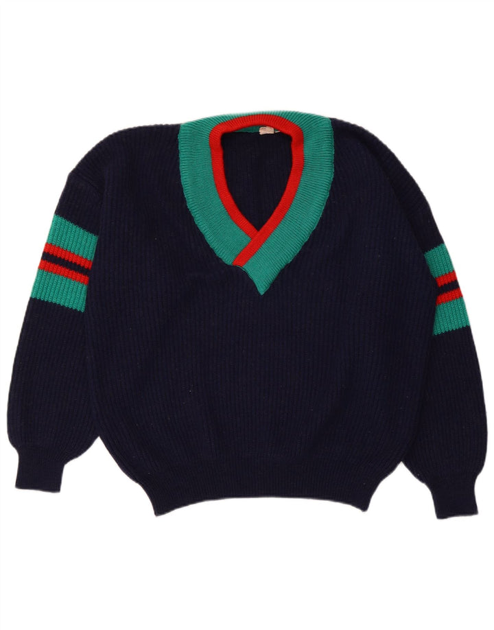 Maglione da donna VINTAGE corto con scollo a V IT 48/50 XL a righe blu navy