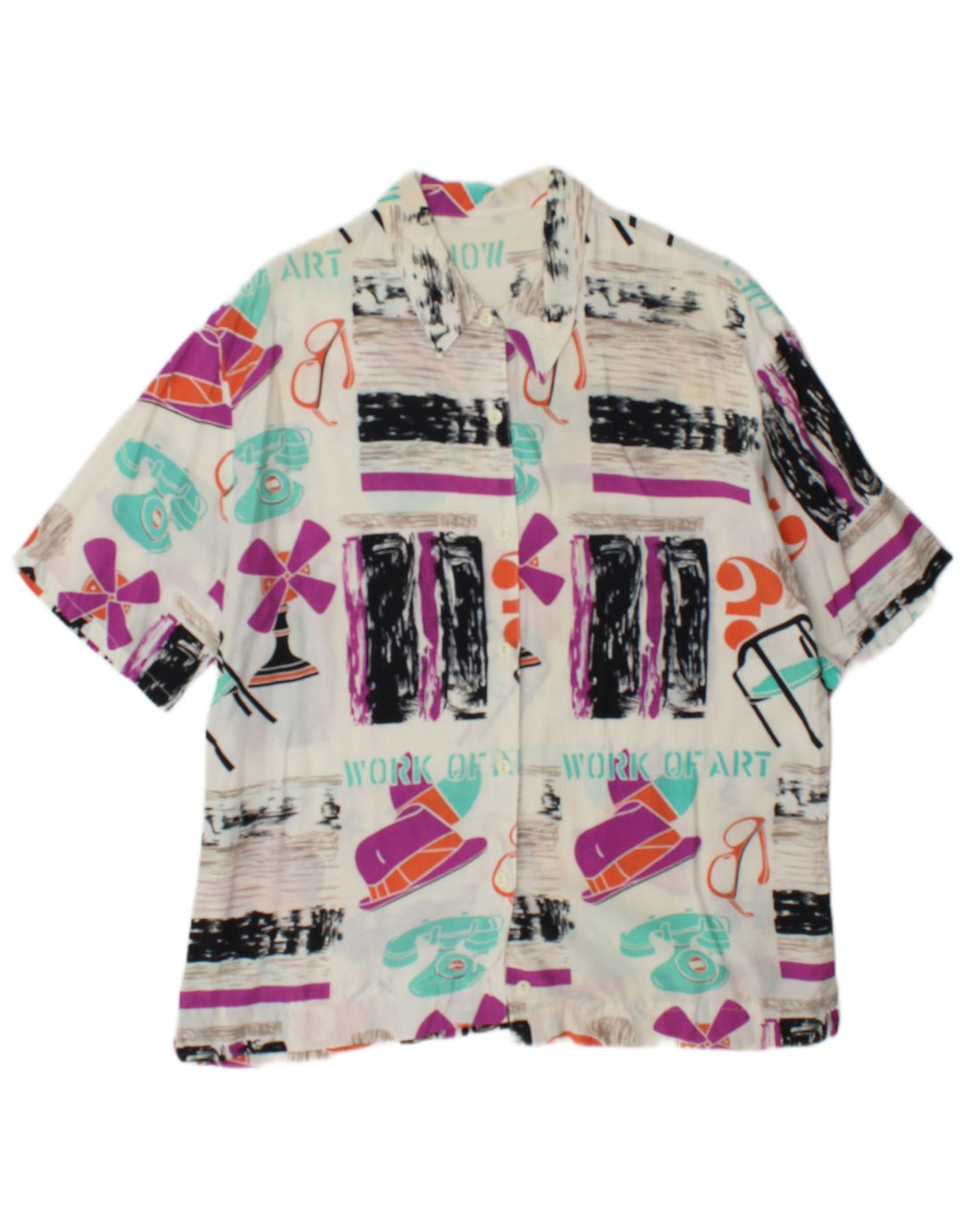 Camicia grafica da donna vintage UK 14 Grande patchwork multicolore
